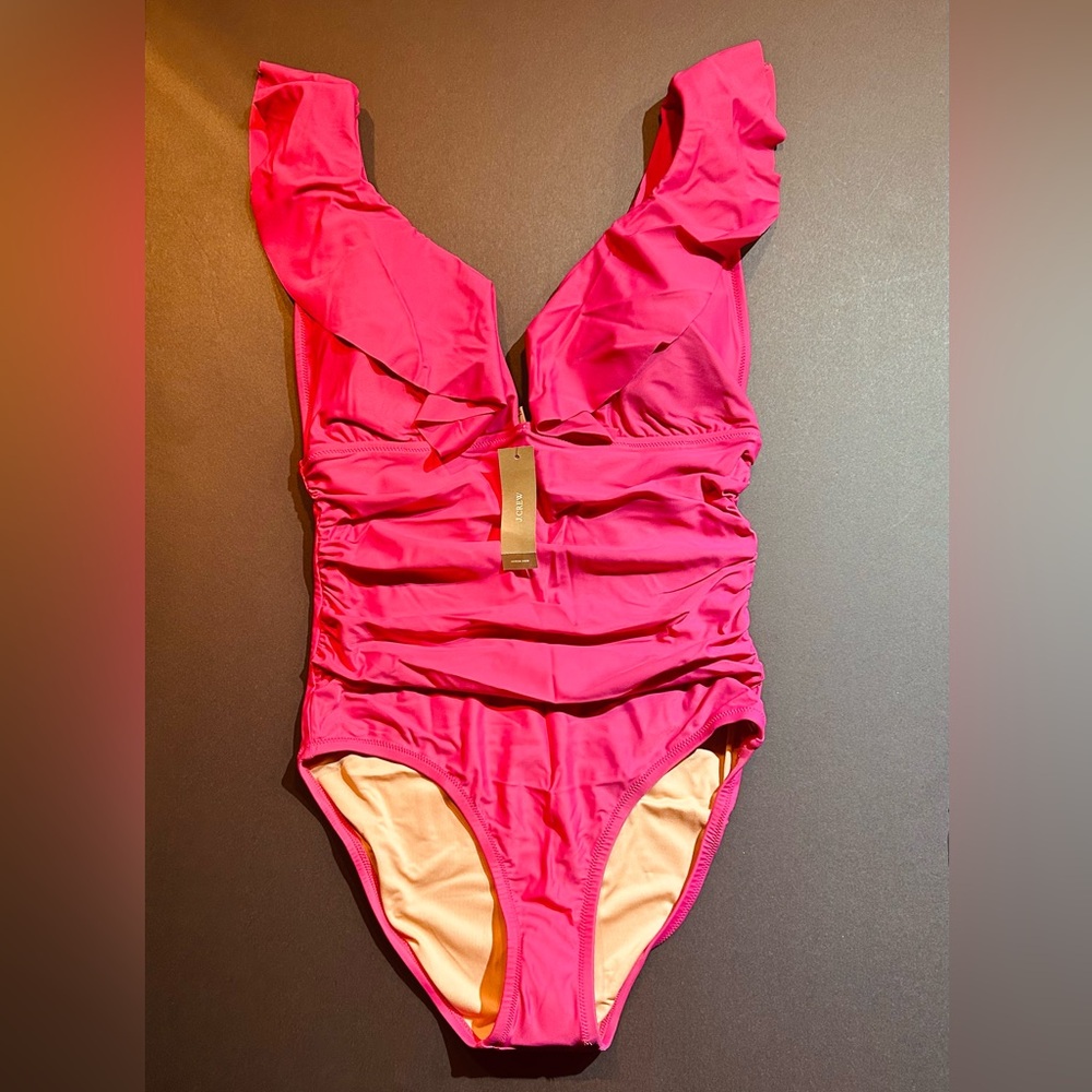 J Crew Fuschia Ruched ruffle one-piece swimsuit Several Sizes